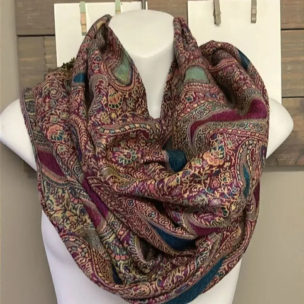 Beautiful Purple Blue Green Tan Paisley Pattern Pashmina Wrap Scarf w/ Tassel-OS